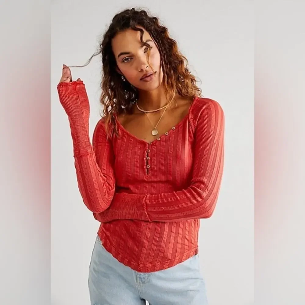 Free People Wild Hearts Long Sleeve Ribbed Henley Boho Top Preppy Going Out- M
